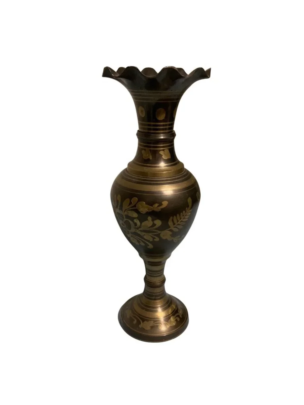 Vintage Brass Vase With Floral Engraving And Scalloped Rim 14